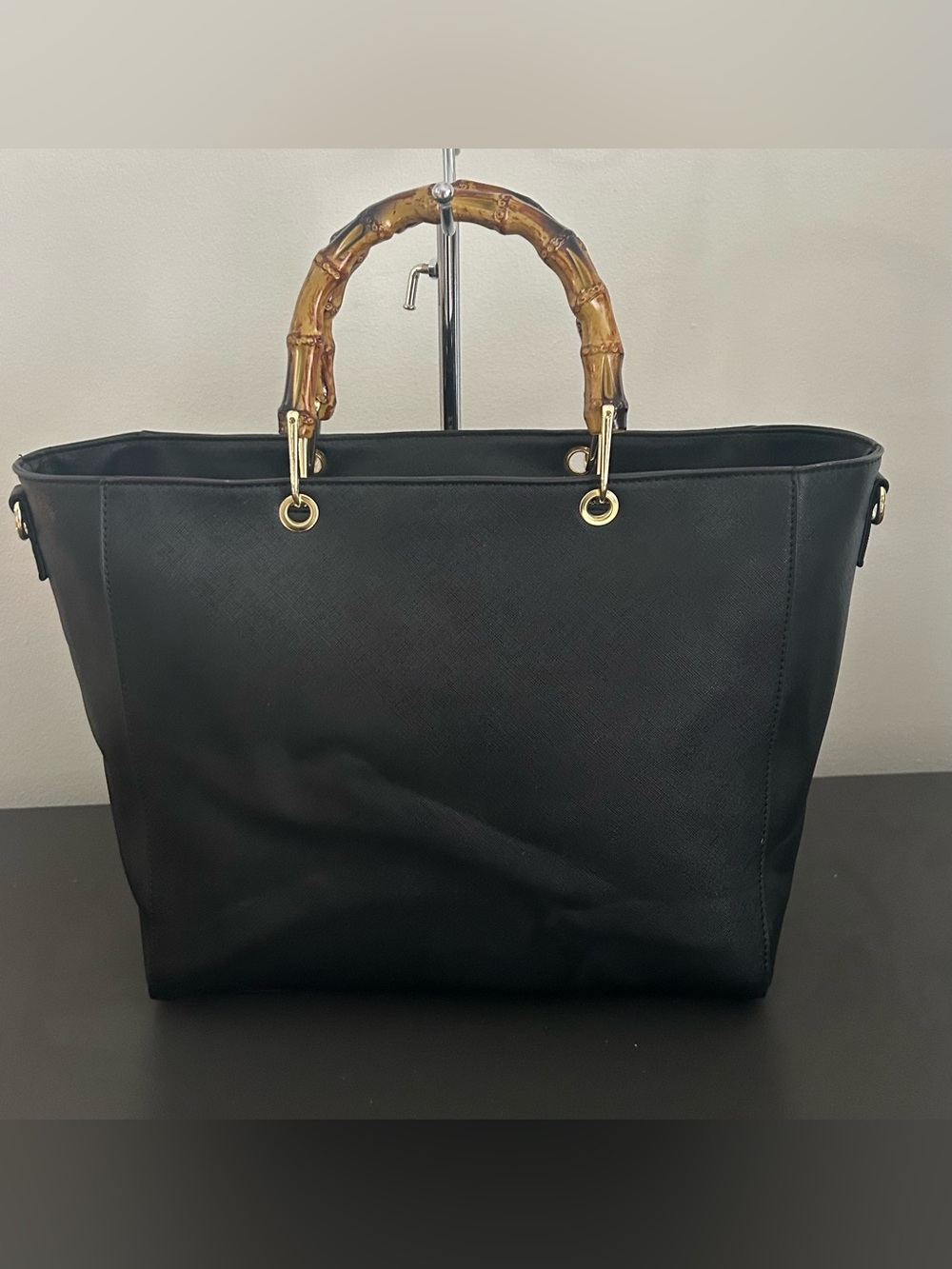 Vera New York Black Bamboo Handle Tote Crossbody Bag Gold Hardware Work Purse - Picture 11 of 14